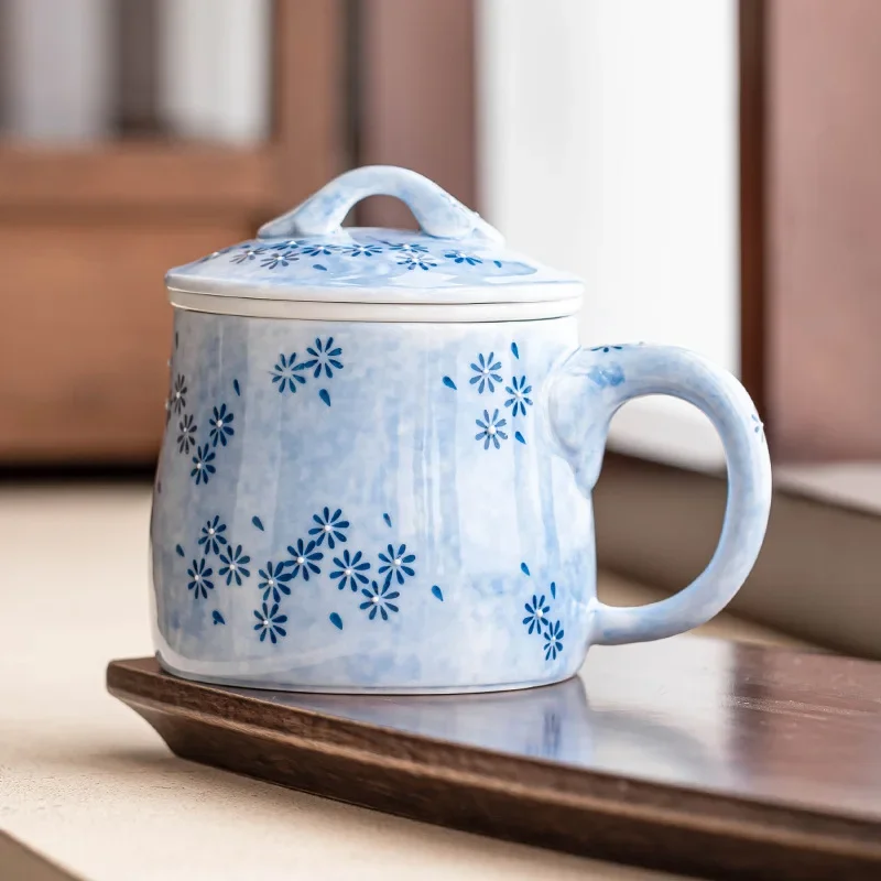 287ML Sprinkled Blue Daisy Tea Separation Cup Office TeaCup Ceramic Water Cup Personal Master Mug Coffee Cup Tea Maker Tool Gift