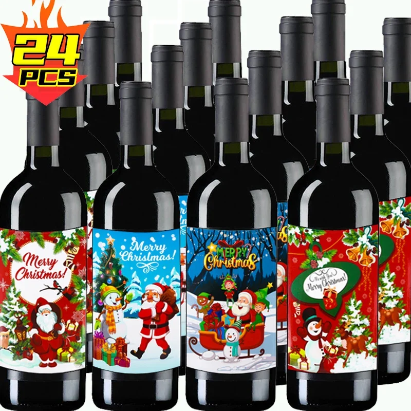 4/24pcs Christmas Wine Bottle Sticker DIY Santa Claus Xmas Tree Bottle Label Wraps Stickers New Self-Adhesive Vinyl Wine Sticker