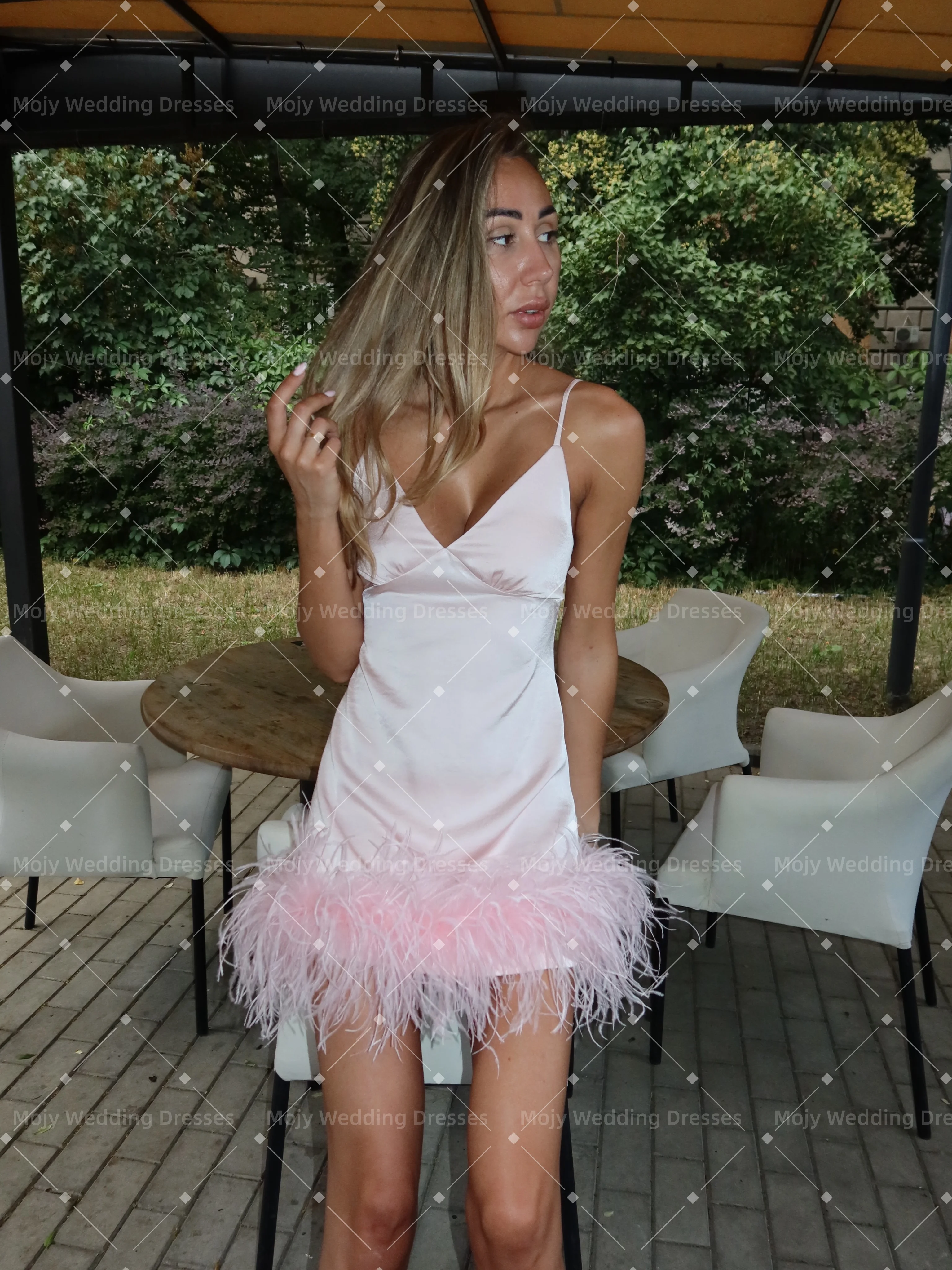 Mojy 2026 Romantic Blush Pink Cocktail Dresses for Women Satin Mini Formal Prom Dresses Spaghetti Strap Bow V Neck Feather