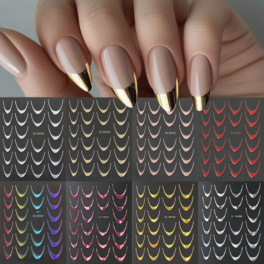 

8Pcs Holographic Laser Silver/Gold Nail Stickers Sweet Candy Color French Line Nails Decals Self-Adhesive Curved Stripe Slider