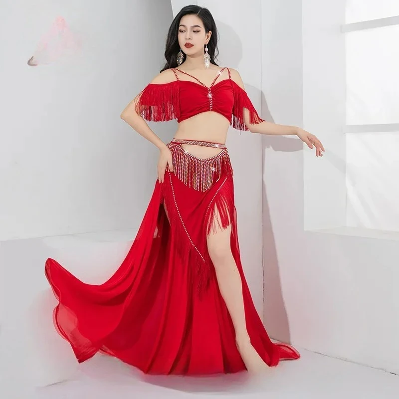 

Women's Sexy Off Shoulder Top+Tassel Chiffon Long Skirt 2pcs Oriental Dance Professional Training Suit BellyDance Costume