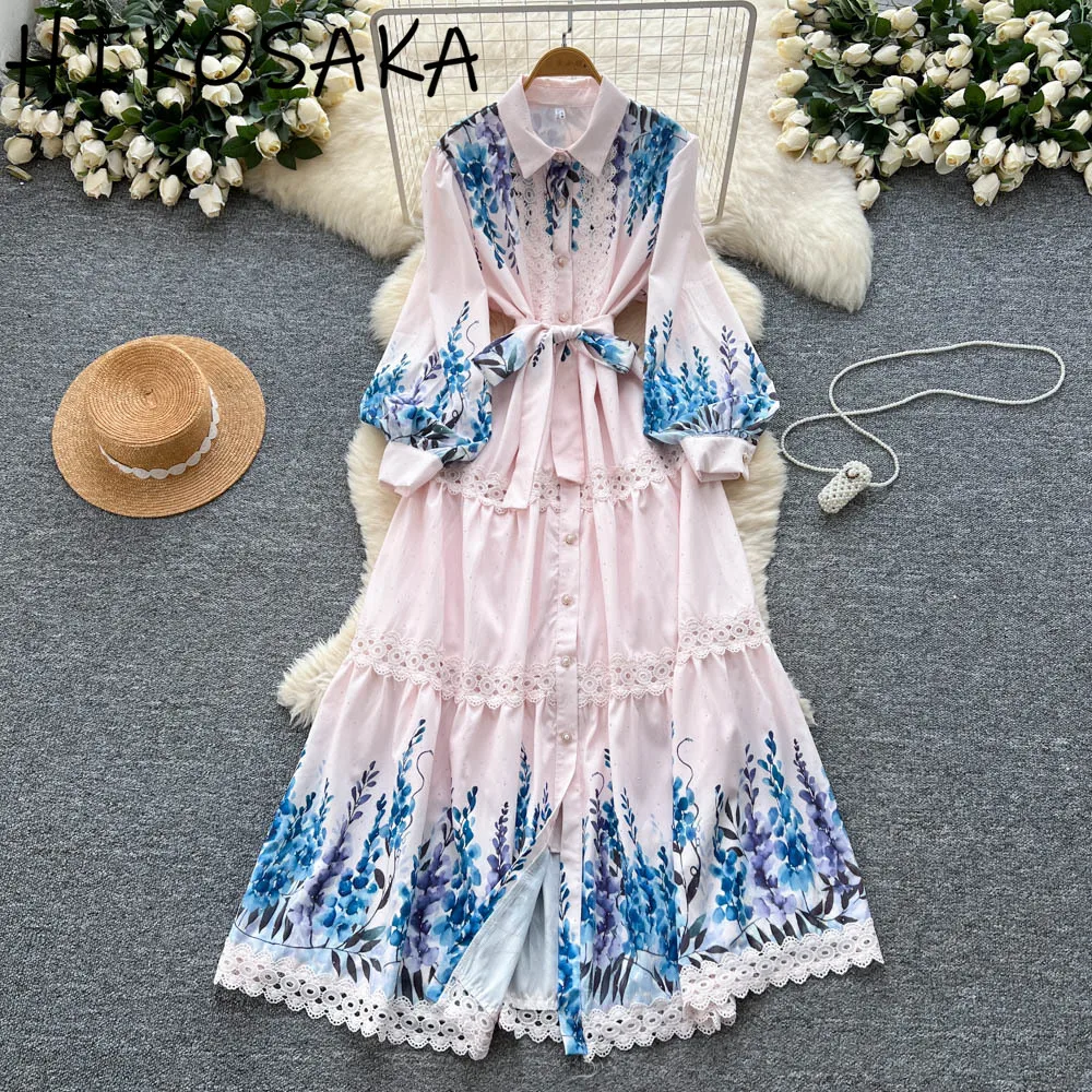 

Vintage Court Style Print Lantern Sleeve Dress Summer Hollow Out Hook Flower Robe Lace Up Slim Waist Elegant Big Swing Vestidos