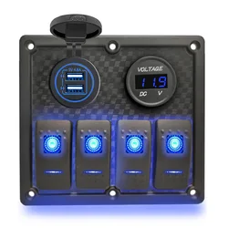 12V 4 Gang Rocker Switch Panel Dual USB Port Outlet Combination Waterproof for Car Marine Ship LED Toggle Rocker Switch Panel