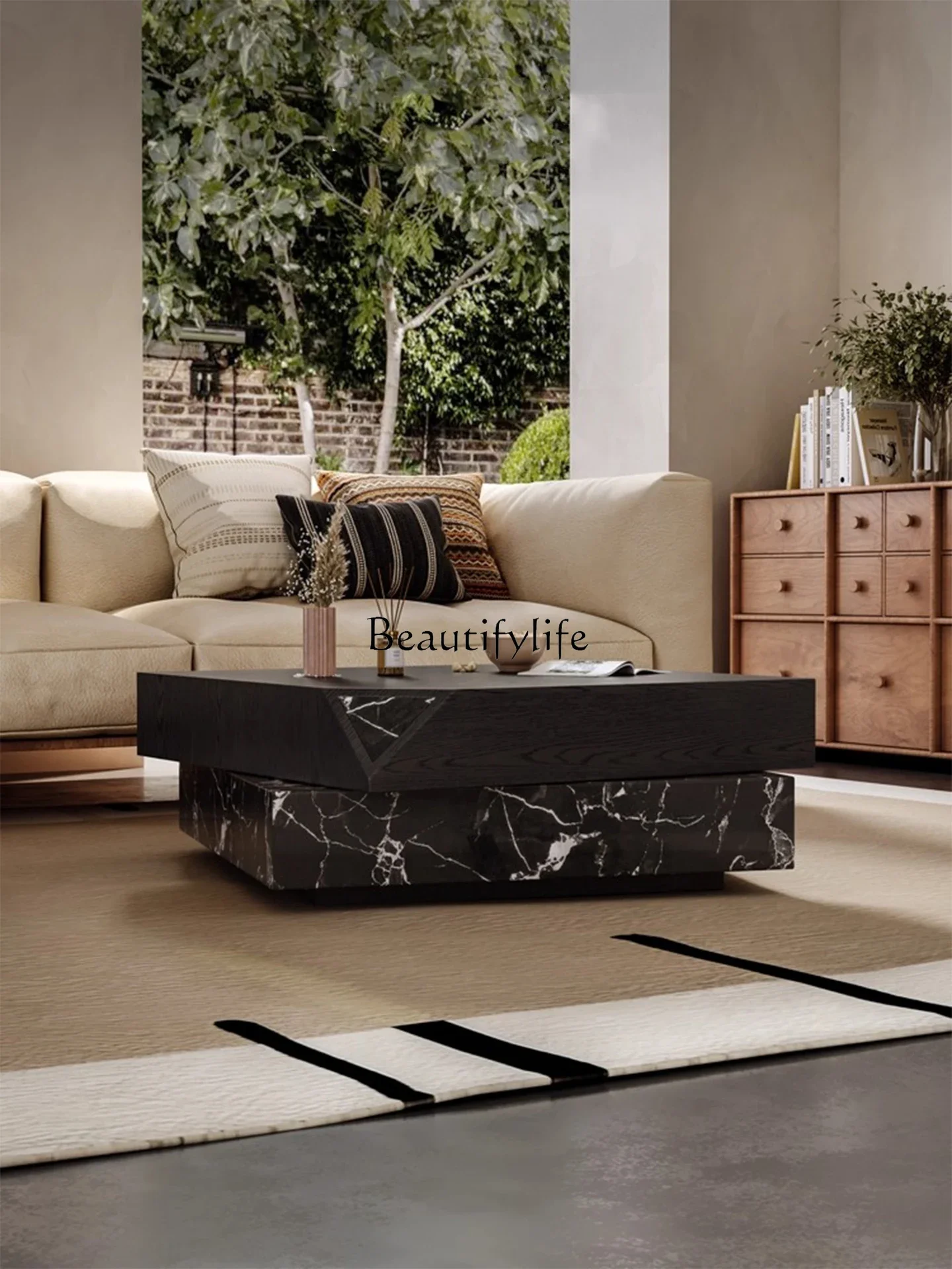 

1ls 18Wabi-sandy wind wood grain high-end coffee table small apartment living room home