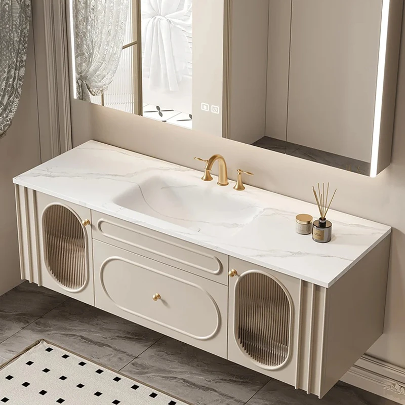 

French cream wind rock slab hot bending integrated basin oak bathroom cabinet combination bathroom washbasin sink