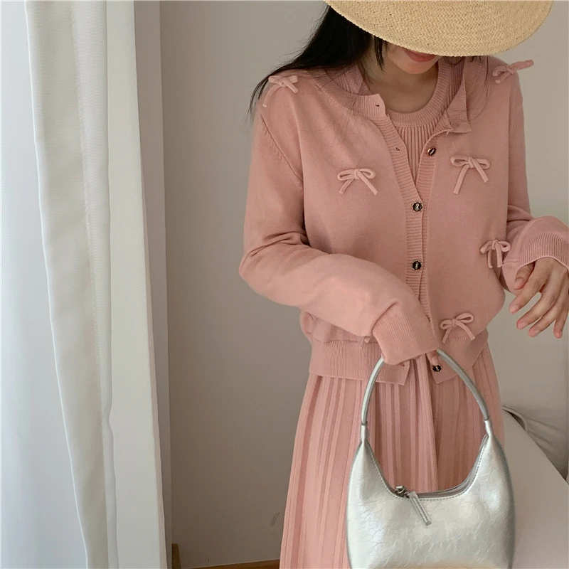 

Sweet Hot Girl Knitted Suit Women's O-neck Knitted Cardigan Sleeveless Slim A-line Dress Two-piece Set Fashion Female Clothes