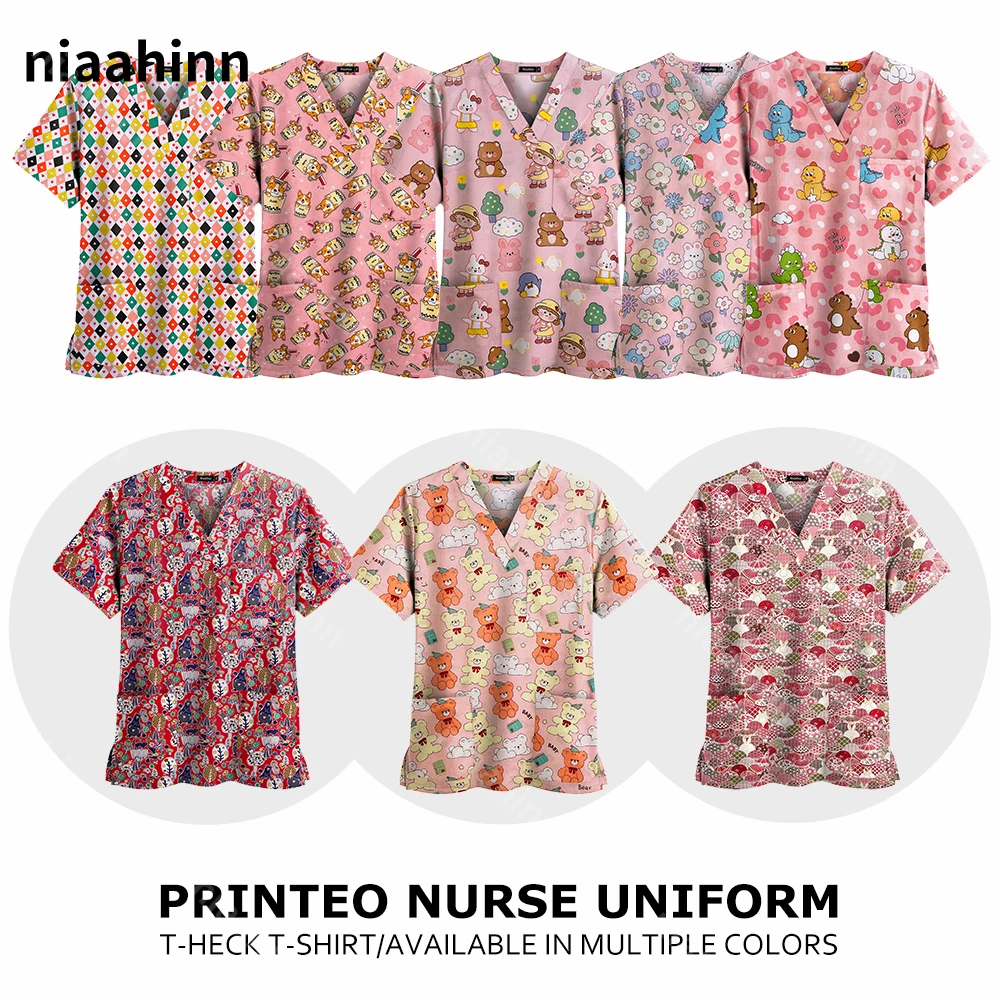 Print Scrubs Top Women with Pockets V-Neck Scrub Uniforms Pet Grooming Nurse Spa Caring Shirt Uniformes De Enfermería Para Mujer