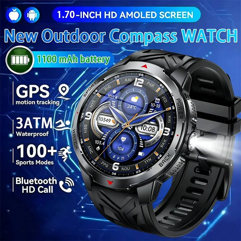 

Смарт-часы для мужчин, компас, 1100 мАч, большой аккумулятор, светодиодный фонарик, 3 атм, водонепроницаемые, Bluetooth, вызов, пульс, спортивные умные часы, новинка 2026 года