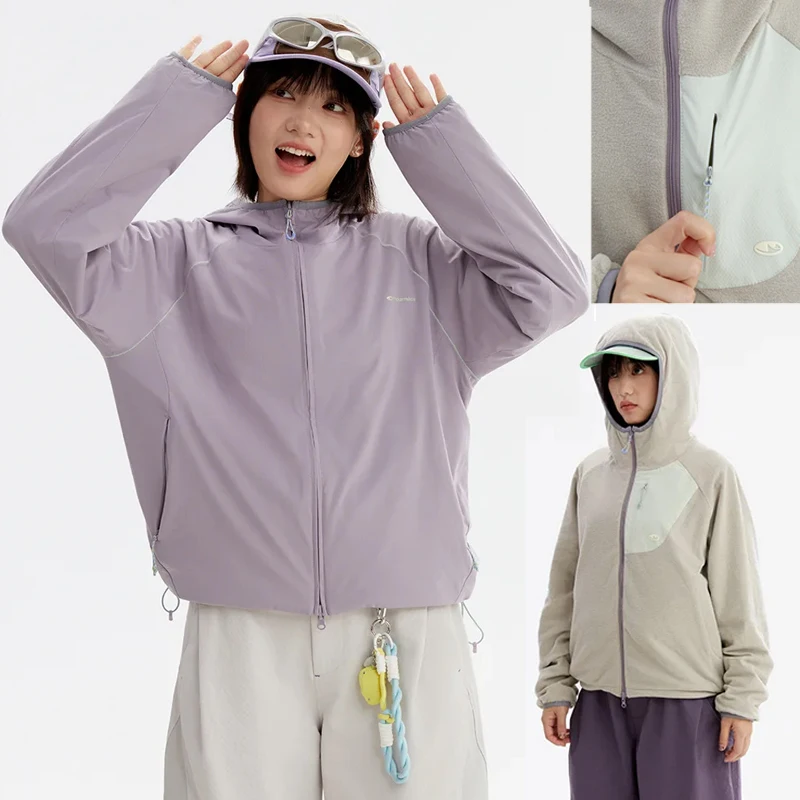 Women's Reversible Fleece-Lined Hooded Jacket Water-Resistant & Breathable Outdoor Short Coat with Color Block Design Loose Fit