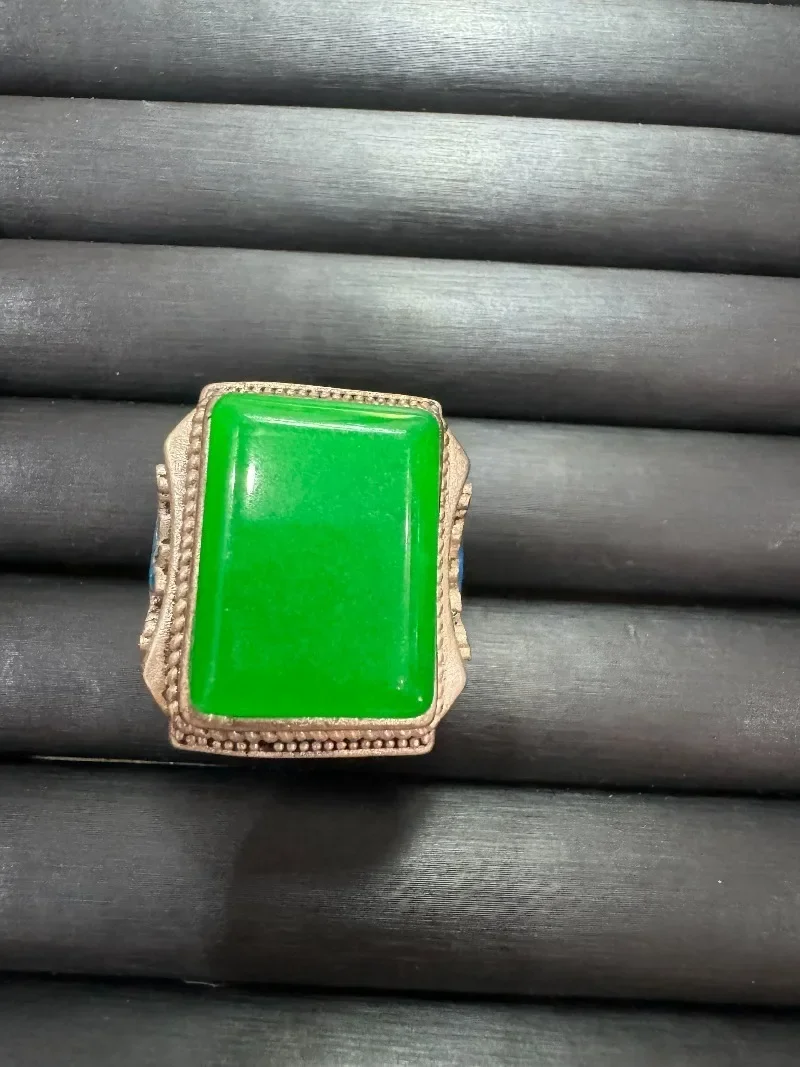 Domineering Vintage Men's Open Ring, Solid Silver Thumb Ring with Emerald Inlay, Blessing Pattern Design, Old Silver Craft,