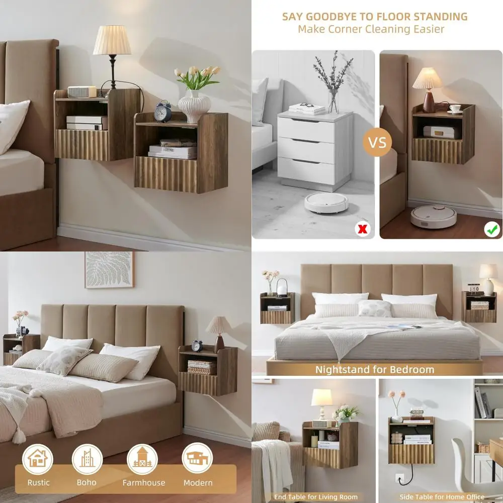 

Минималистичные рифленые настенные тумбочки, набор из 2-х плавающих прикроватных тумбочек с ящиками для хранения и полками для производителей