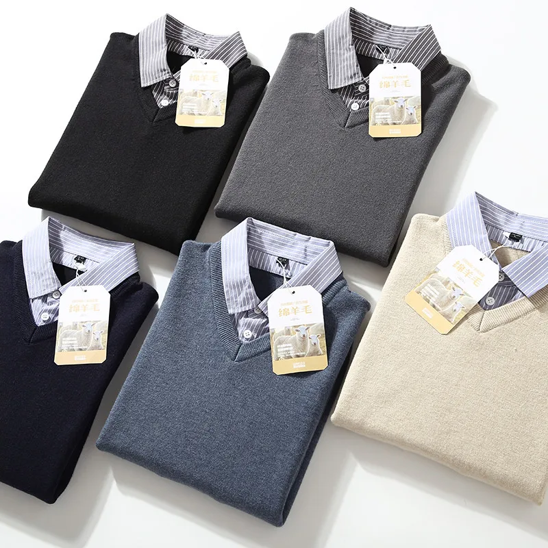 

High-End Cashmere Thick Warm Men's Fashionable Comfortable Knitted Sweater Fake Two-Piece Winter Long Sleeve Crew Neck Sweater