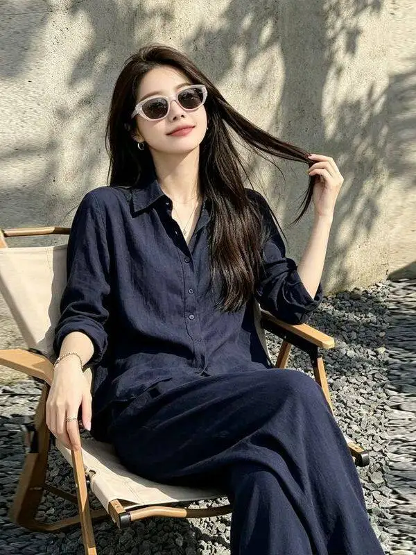 

Laoqian Style Cotton Linen Two-Piece Set Summer Fashion Sun Protection Loose Fit V-Neck Shirt High Waist Pants Women's Ensemble