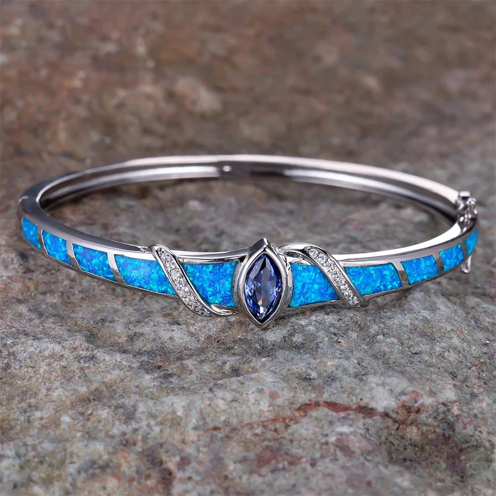 Royal Blue Crystal Marquise Stone Bangle Blue Fire Opal Bracelets For Women Vintage Silver Color Wedding Engagement Jewelry Gift