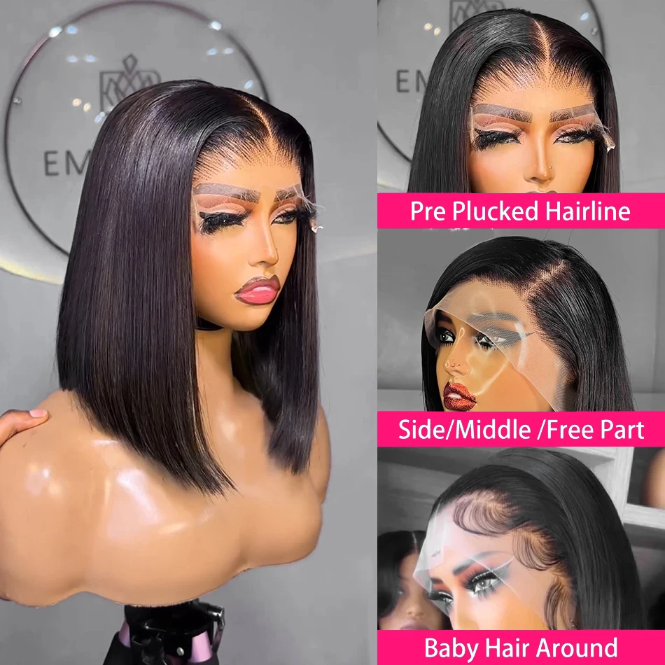 BOB 레이스 프론트 가발 인모 스트레이트 200% 풍성한 밀도 13x4 HD 투명 레이스... - 3