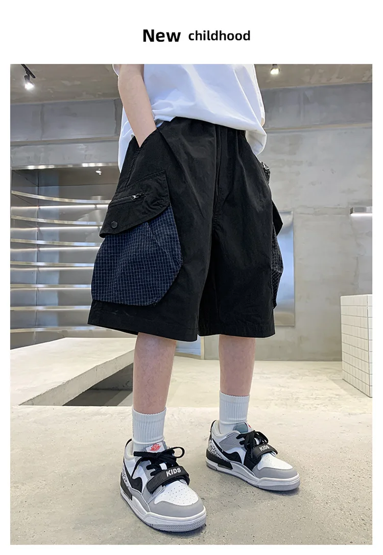 Kurze, stylische Sommer-Cargo-Shorts aus Baumwolle für Kinder und Jungen im Teenageralter, mit großer Seitentasche, neue lässige kurze Cargo-Hosen, 5-14 Jahre – Detail 6