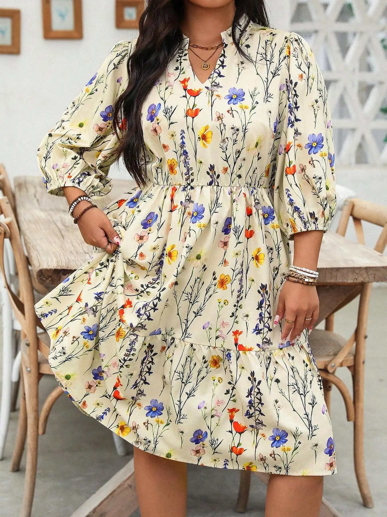 

【Plus Size】 Floral Print Notched Neck Dress, Casual Bohemian Dress for Daily Wear, Women's Plus Clothing for All Seasons