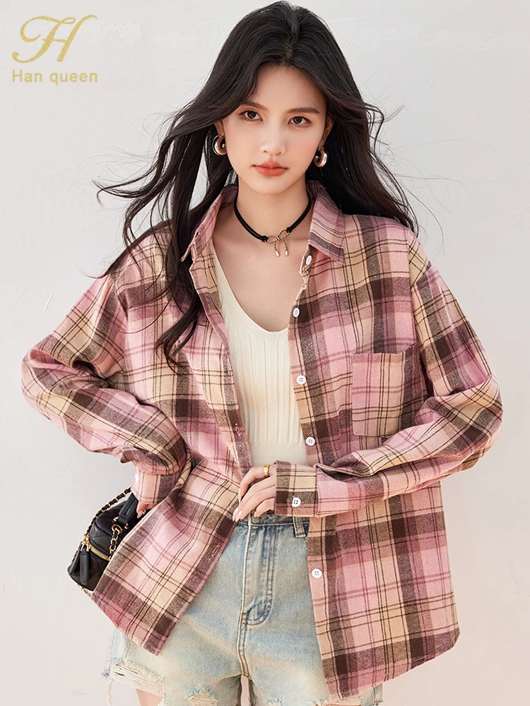 

H Han Queen Autumn Korean Casual Long Sleeve Blouse Female Clothing Plaid Tops Female Blouses Fashion Simple Shirt