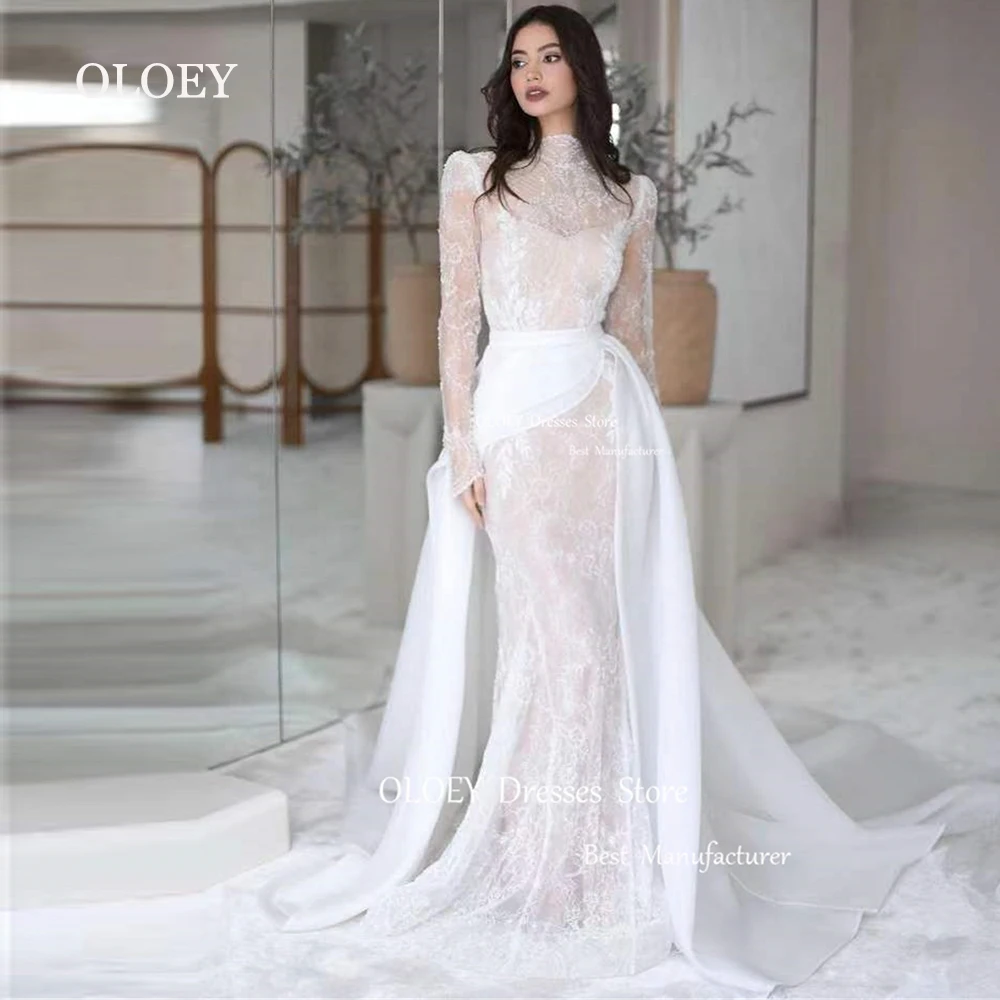 OLOEY Exquisite Lace Mermaid Wedding Dress With Detachable Train Long Sleeves Bridal Gown Floor Length High Neck Custom Made