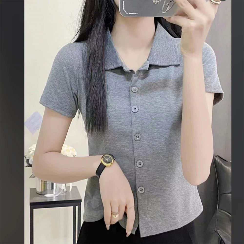 Cotton polo t-shirt short cut women\'s clothing campus style student short stature versatile fashion slim fit short sleeved top