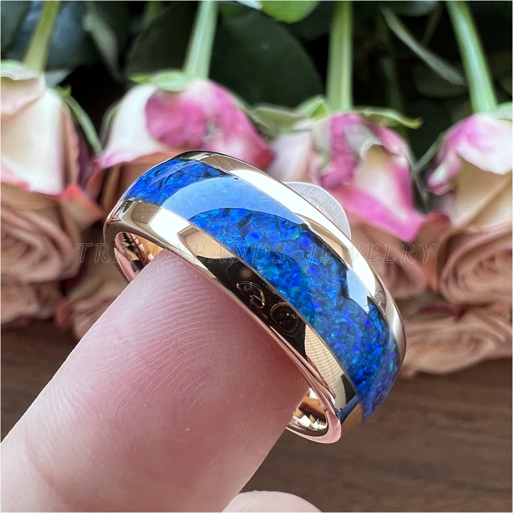 6 mm 8 mm Ringe für Männer und Frauen, Wolfram-Ehering, Modeschmuck, blaue Opal-Inlay, gewölbt, poliert, glänzend, bequeme Passform – Detail 9