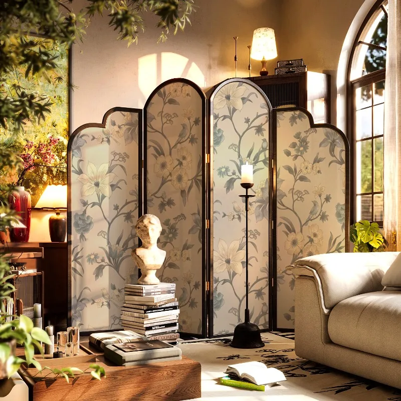French medieval folding screen partition living room entry solid wood removable folding screen live broadcast retro background w