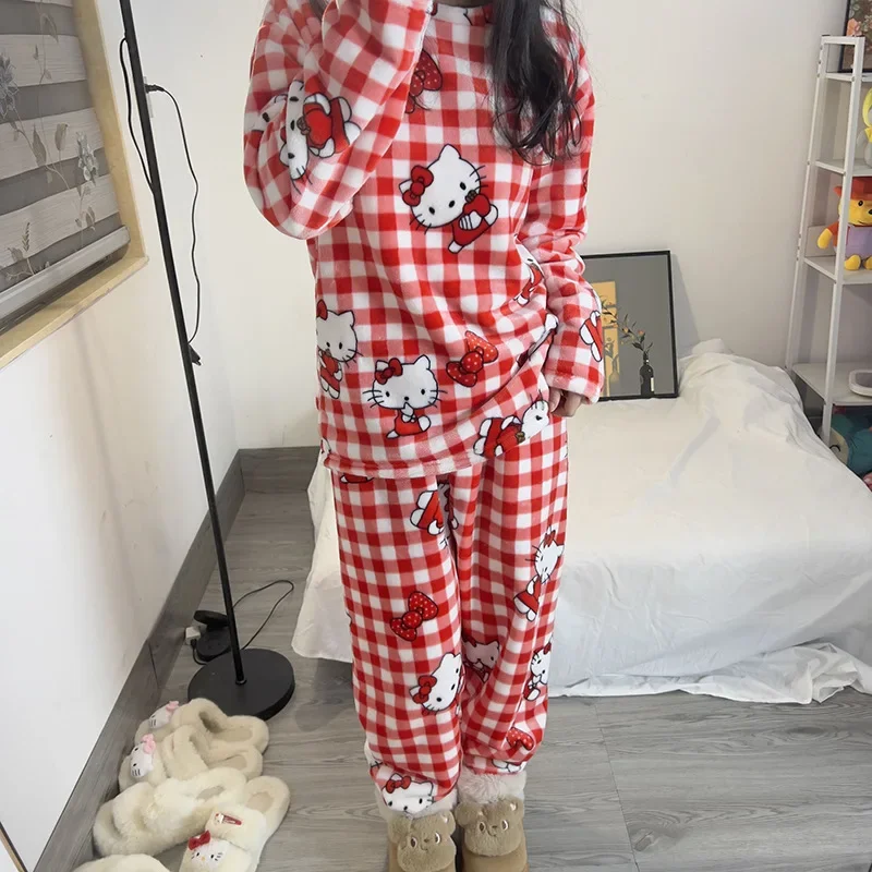 Kawaii Sanrio Hello Kitty Coral Velvet Pajamas Girl Cartoon Autumn / Winter Season Warm Thickened Plush Home Clothes Set Gift