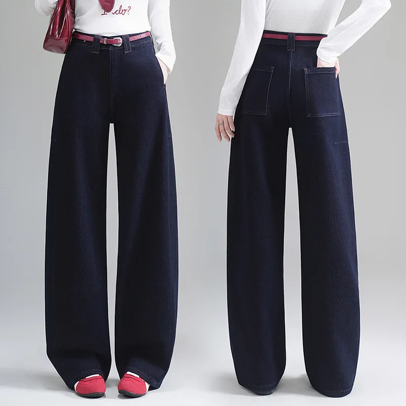 Celana Denim Scythe Wide-Leg untuk Wanita, Celana Banana Lurus Ketat Model High-Waisted Longgar untuk Musim Semi dan Gugur Terbaru