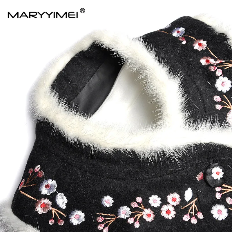 MARYYIMEI Fashion Designer Woolen coat Winter Women Rabbit fur collar Long sleeve Embroidery Elegant Keep warm Overcoat