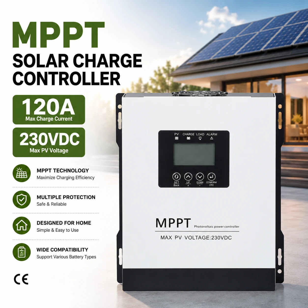MPPT Solar Charge Controller 120A 12V-96V With LCD Max Solar Panel Input 230Vdc For Lifepo4 Lithium GELLead Acid Battery