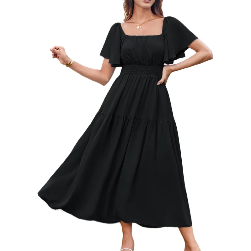 FX-Women's Summer Short Sleeve Square Neck Smocked Waist Casual Vacation Tiered Flowy Maxi Dress