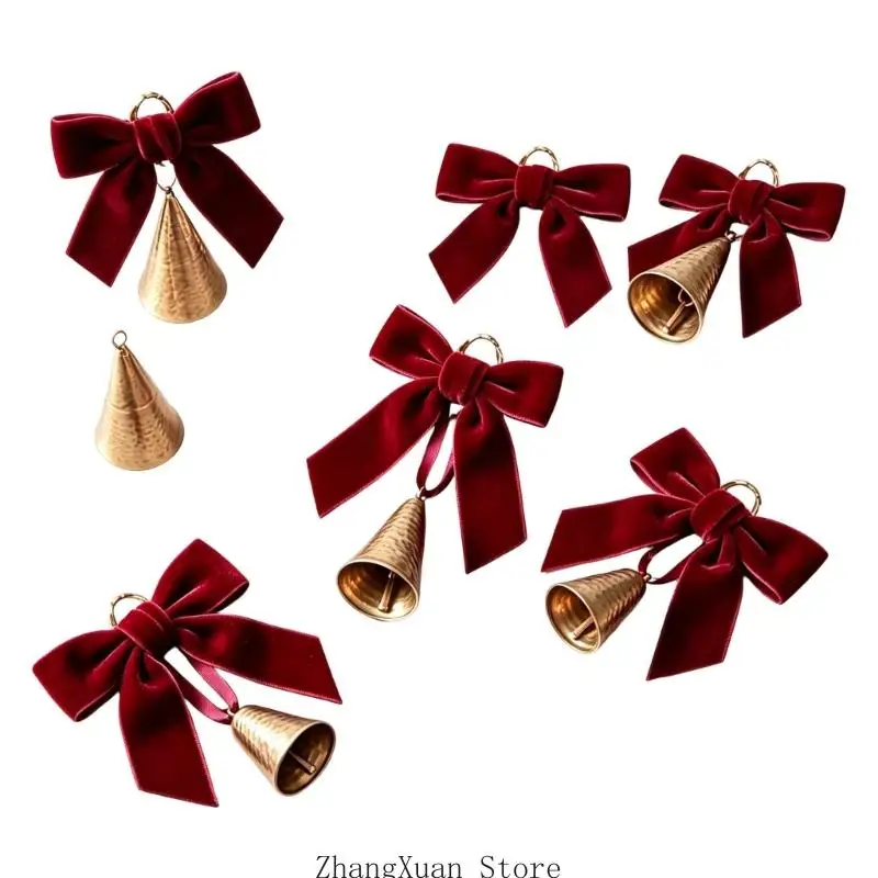 Sechs weihnachtliche Hängeglocken mit Stoffschleife für Kranz und Fenster 3XUF – Detail 2