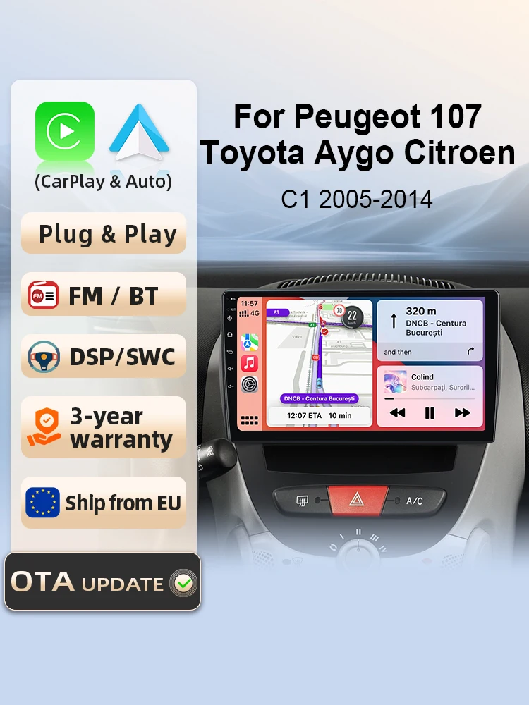 Radio samochodowe do Peugeot 107, Toyota Aygo, Citroen 2005-2014, bezprzewodowy CarPlay, Android Auto, inteligentne systemy, ekran dotykowy IPS, DSP, nawigacja GPS, WiFi, DAB+, RDS, FM/RAM, BT, SWC, — 2
