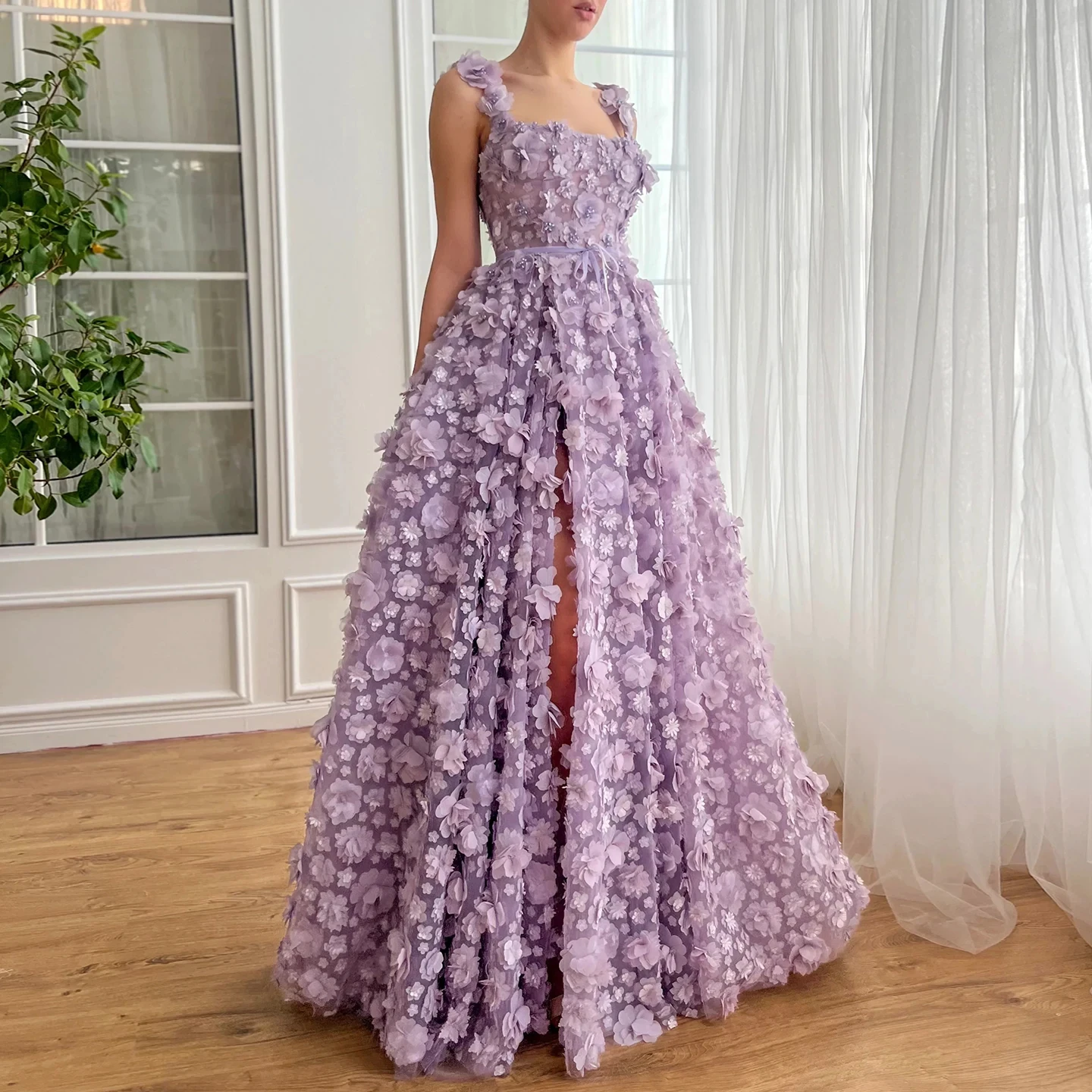 Jancember Chic Lilac 3D Embroidered Flowers Evening Dress For Women Wedding High Slit Long Formal Birthday Party Gowns Sz357