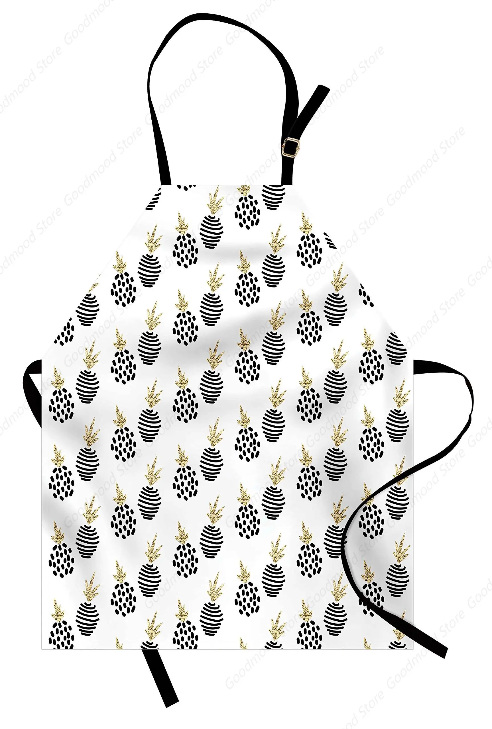 Pineapple Apron, Abstract Tropical Hawaiian Fruit Pattern Doodle Style Stripe and Dots, Unisex Kitchen Bib Apron with Adjustable