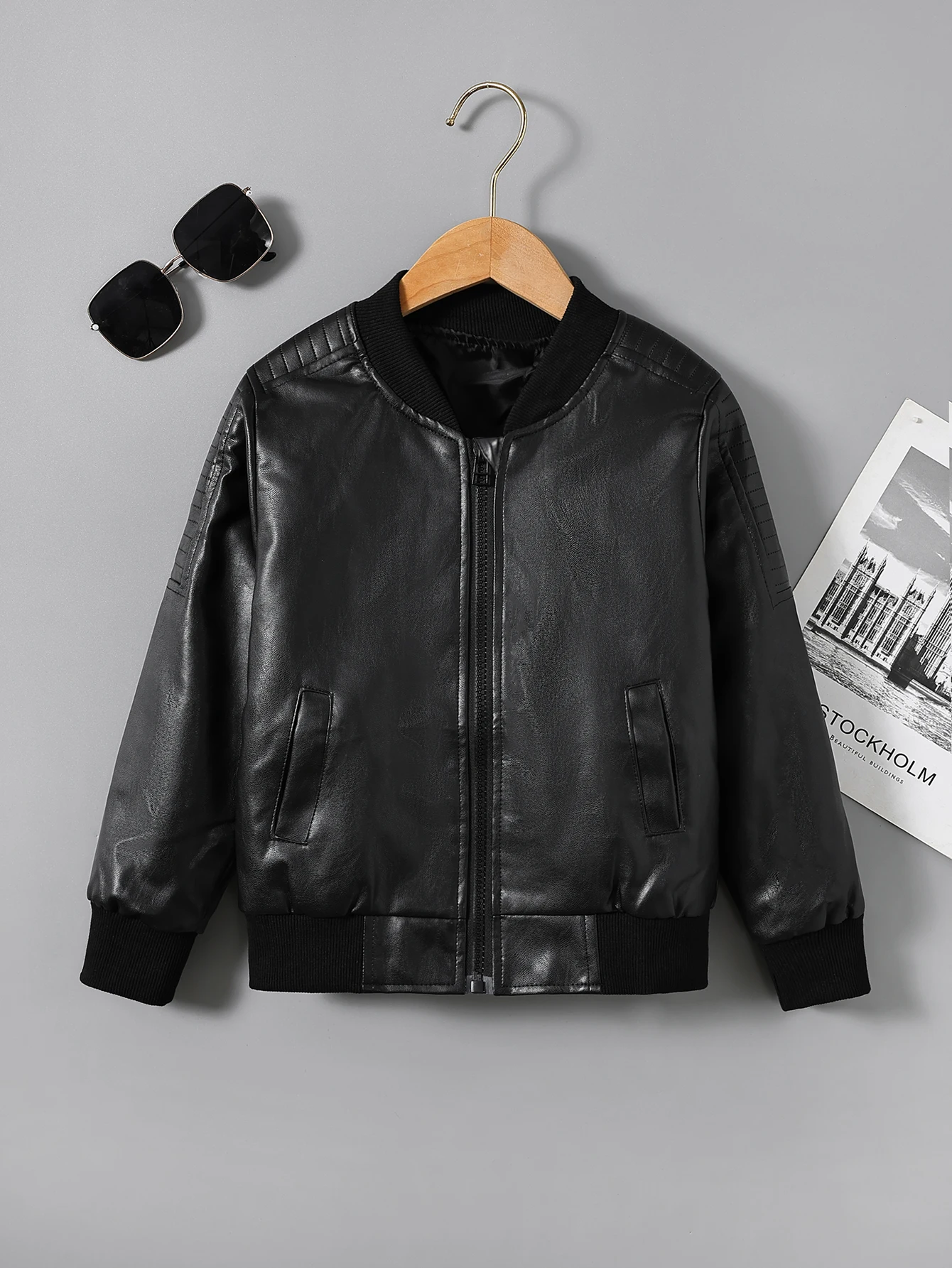 Children's Clothing for Boys, Pu Leather Jacket for Older Kids, Spring and Autumn Motorcycle Style Jacket, Black Baseball Jacket, Pu Leather Jacket in Chocolate Color, Autumn and Winter Jacket