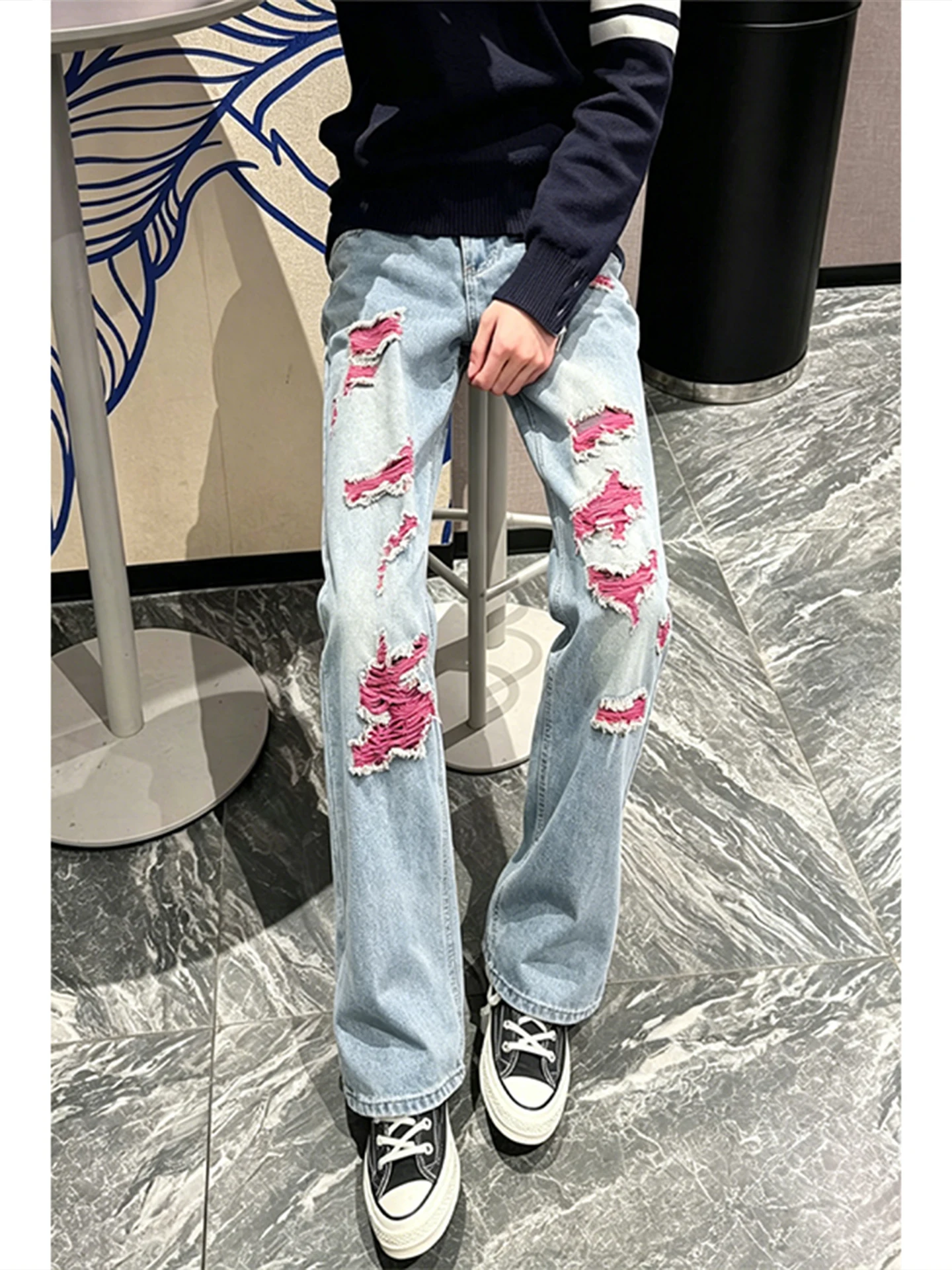 

Rose Red Hole Denim Jeans Men's Summer Trendy Straight Leg Bell Bottoms American Retro Vibe Washed mid Waist Zipper Casual