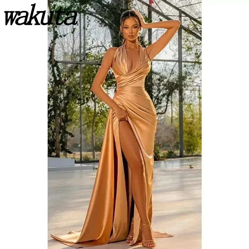 

Wakuta Women's Satin Mermaid Halter Prom Dresses Long Corset Formal Ruched Evening Gowns with Side Slit vestidos de fiesta