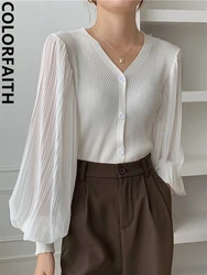 Colorfaith BL9056 New 2023 Chic Patchwork Chiffon Puff Sleeve Korean Fashion Elegant Women Spring Summer Blouses Shirts Tops