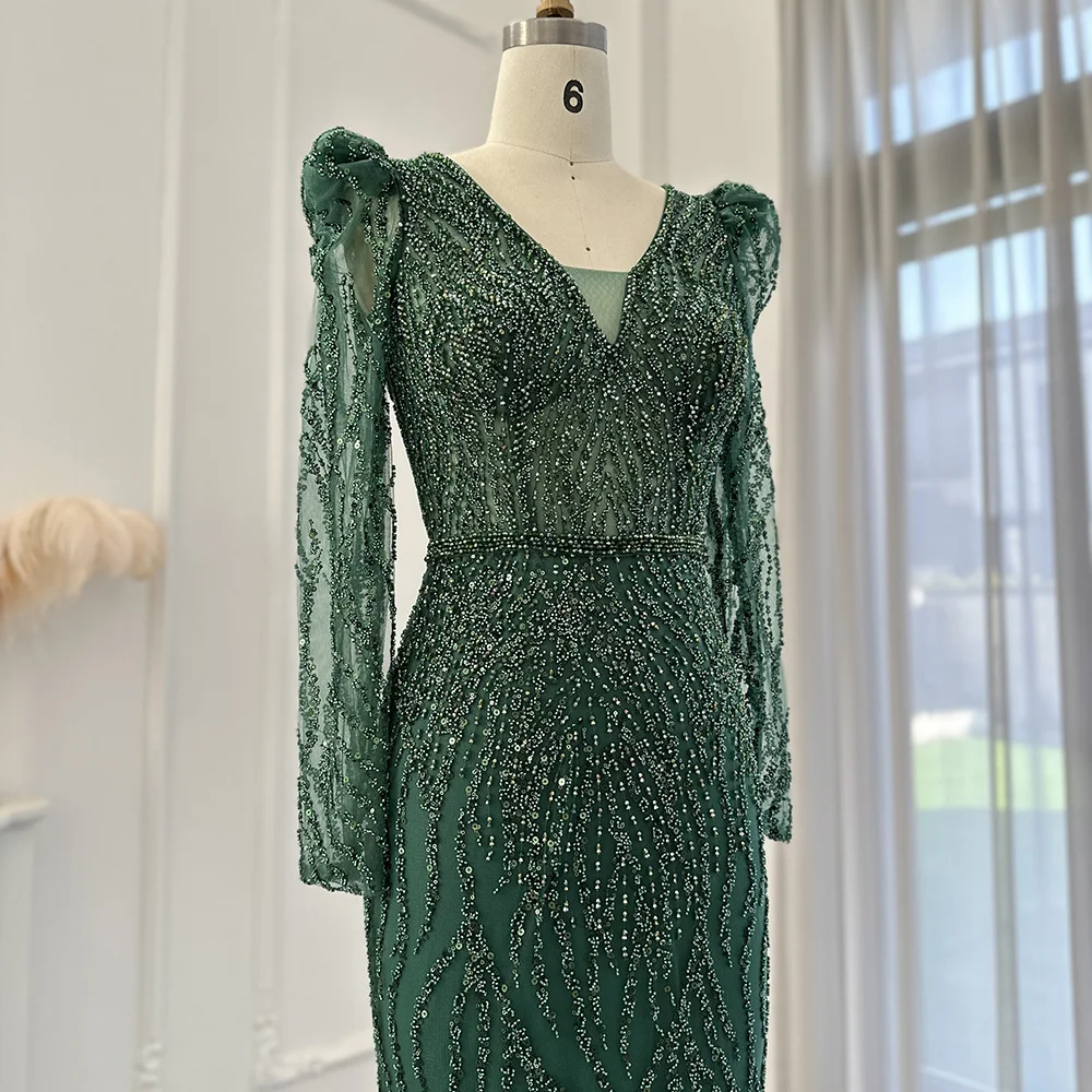 Sharon Said-Robe de soirée sirène bleu marine pour femme, robe de mariage, manches longues, vert émeraude, robe de soirée formelle arabe personnalisée, SS099