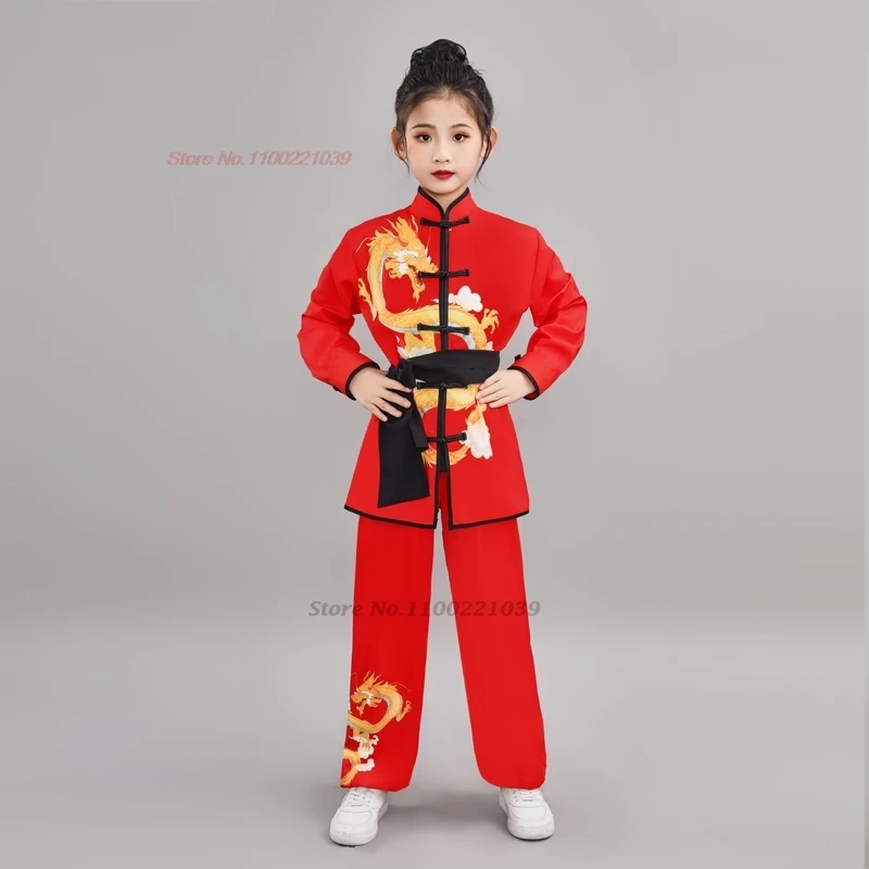 

2024 chinese traditional dragon print wushu clothing children kungfu shaolin martial arts sports training exercise practice set