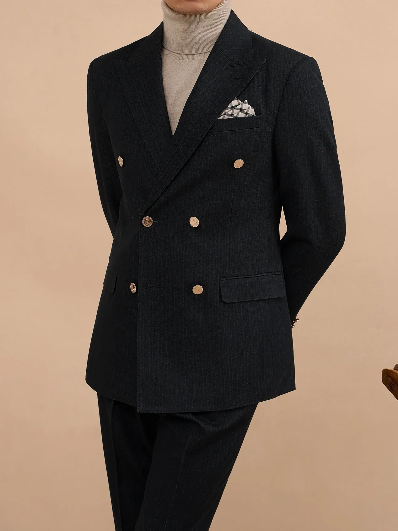 DP07 Terno trespassado Gentry Listrado Negócios Formal Banquete Neapolitan Blazer Casual