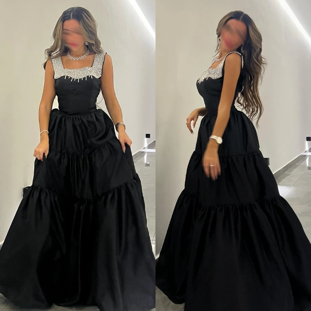 

High Quality Sparkle Square A-line Cocktail Dresses Beading Layered Floor length Skirts Charmeuse Evening formal dress