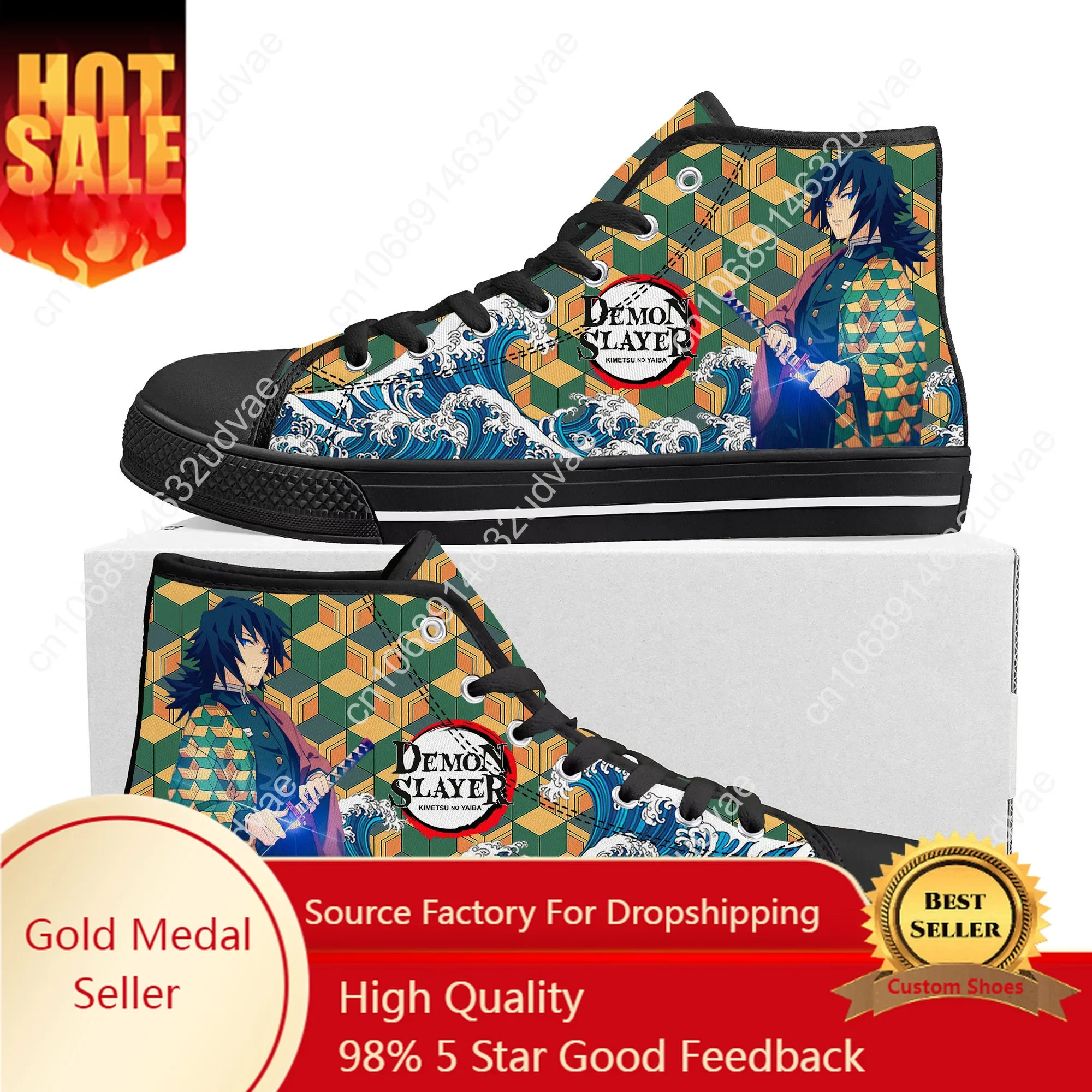 Giyu Tomioka Water Hashira Demon Slayer Kimetsu No Yaiba Hoge Top Sneakers Heren Dames Tiener Canvas Paar Schoenen Custom Schoen