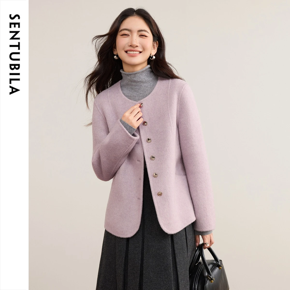 SENTUBILA Women Wool Blend Double Faced Woolen Coat Crew Neck Color Contrast Cropped Winter Elegant Commuter Overcoat W54OF8772