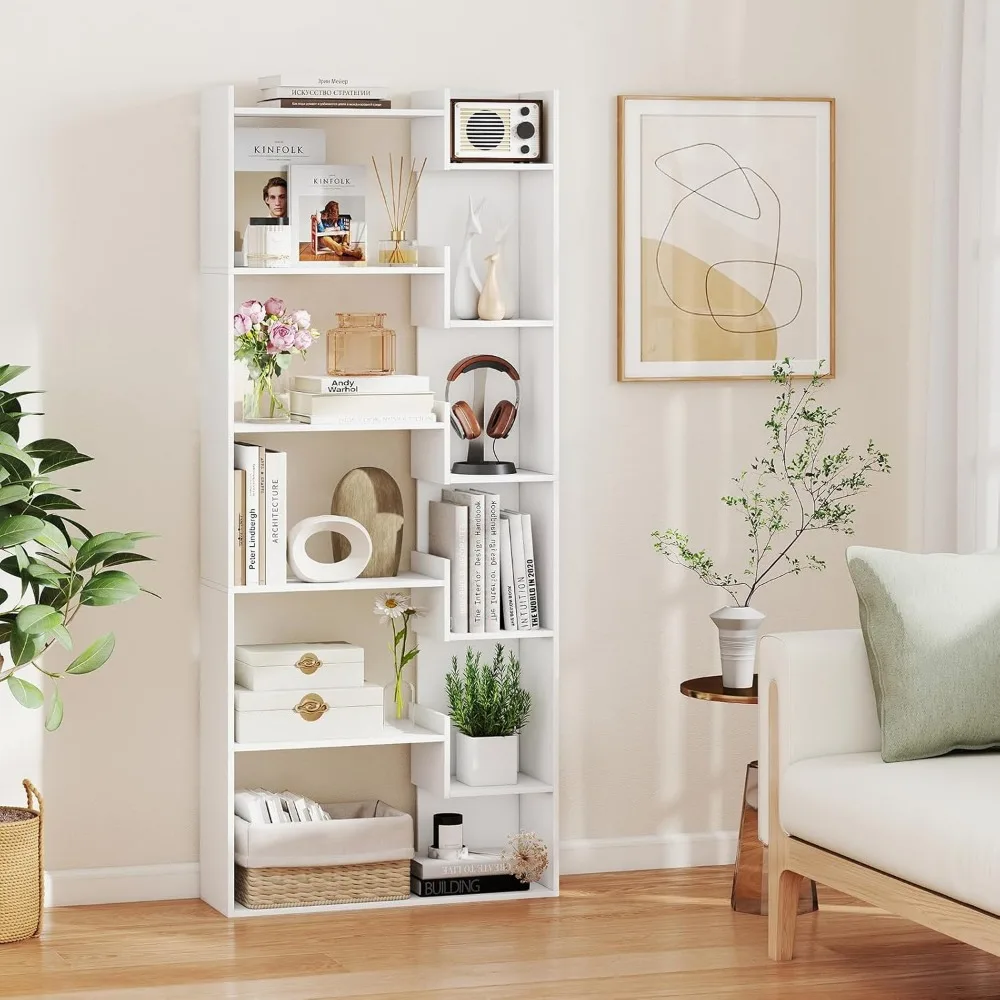 "Two-Piece Wooden Bookshelf Set with 11 Staggered Shelves and Anti-Tipping Features"