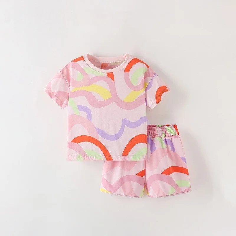 2025 Summer New 3 4 6 8 10 12 Years Kids Print Cartoon Patchwork Cotton Flower Patchwork T-Shirt+Skirt Girl Casual Clothing Set