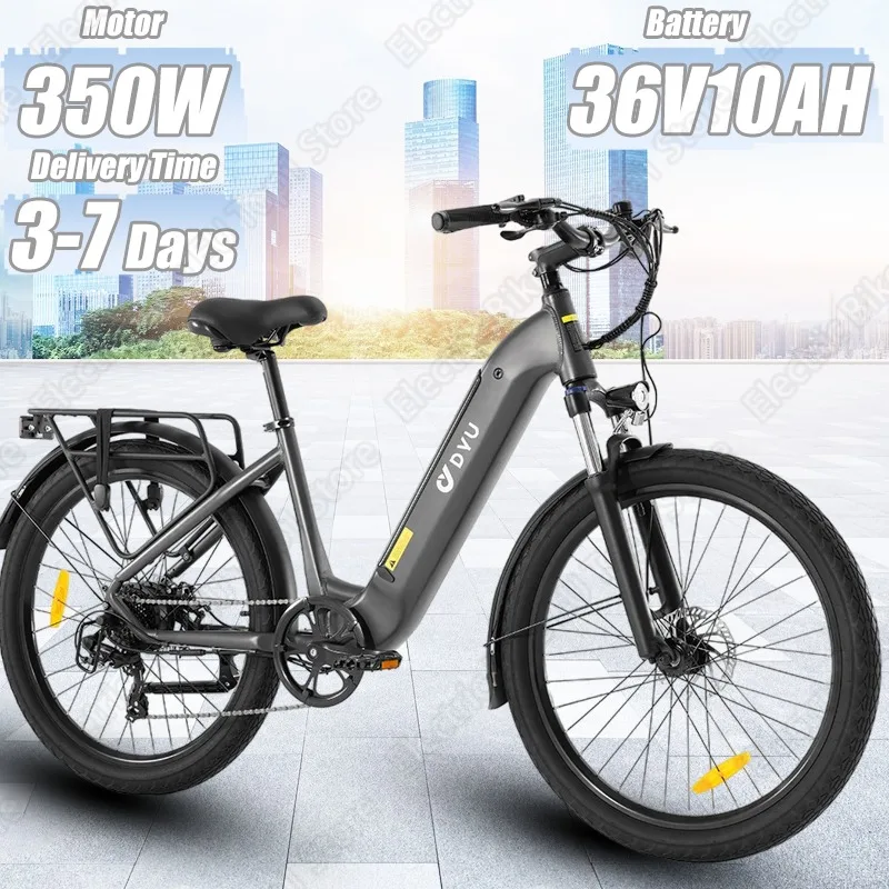 DYU C1 Electric Bicycle 350W Brushless Motor 36V10AH Lithium Battery Electric Bike Dual Disc Brake Adult City 26 Inch Tire Ebike