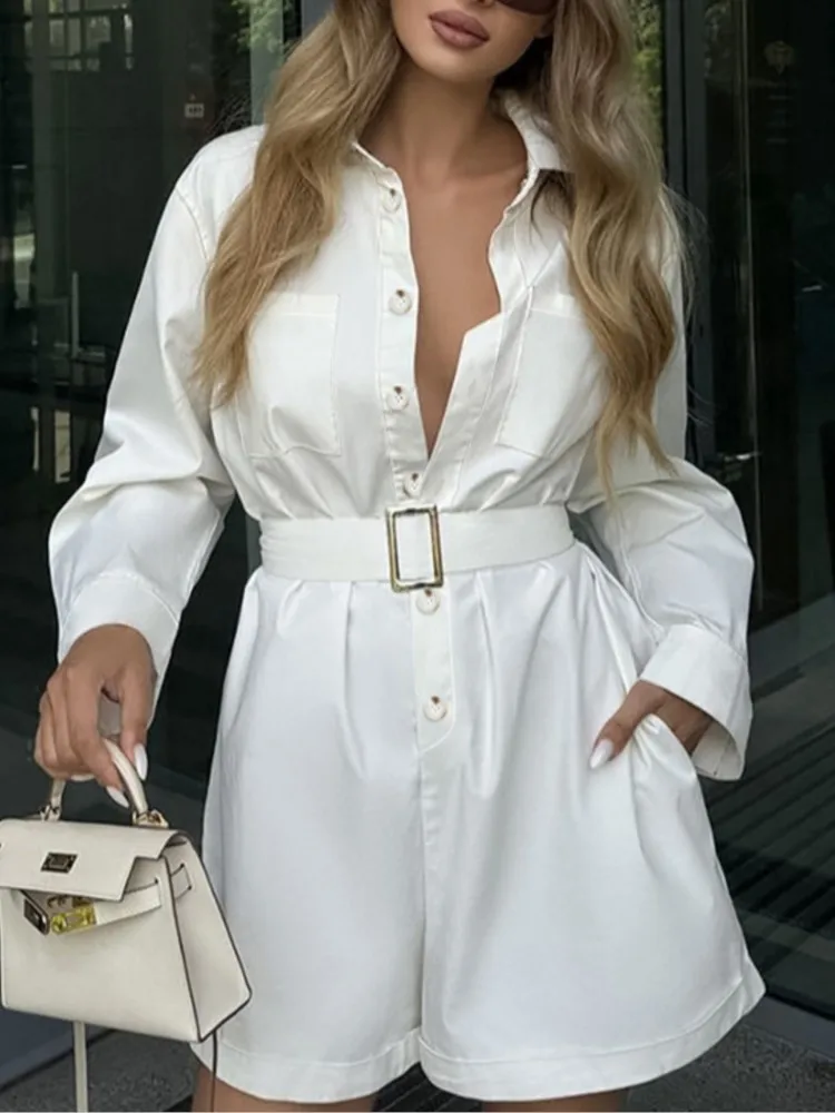 

Summer Playsuit New Arrival Fashion Women Jumpsuit Casual Long Sleeve Turn-Down Collar Elegant Female Party Short Jumpsuit