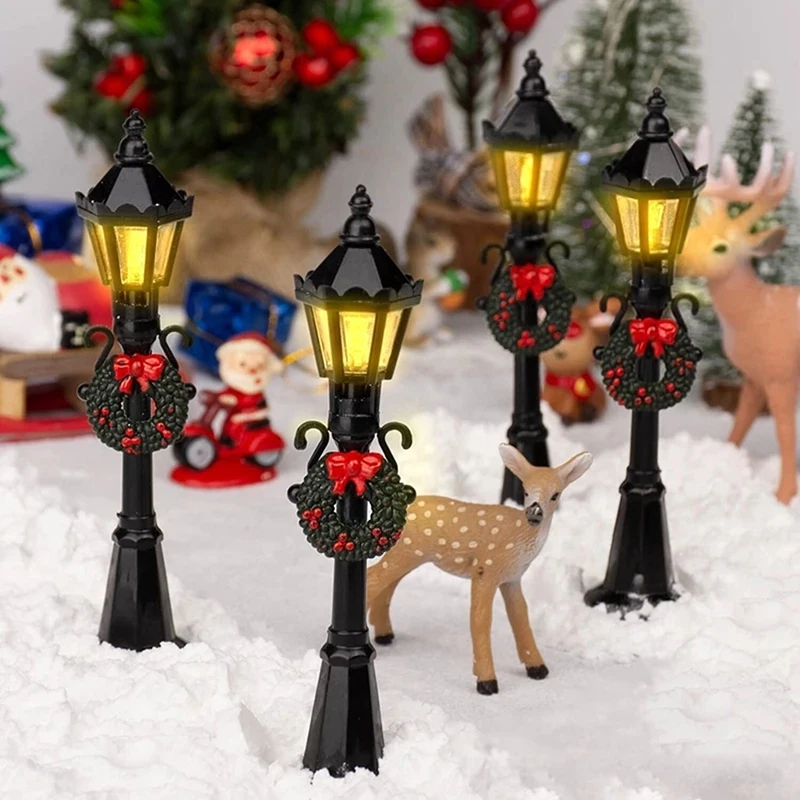 4Pcs Puppenhaus Straße Licht Mini Weihnachten Straße Lampe Modell Puppenhaus Straßenbeleuchtung Micro-Landschaft Garten Weihnachten Szene Decor